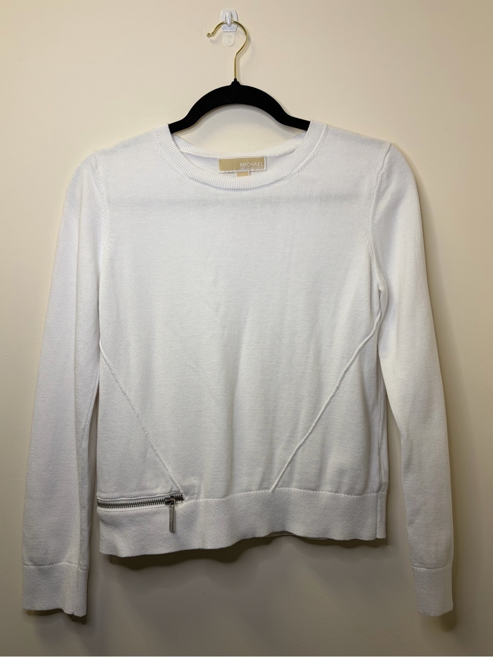 Michael Kors White Crewneck Sweater with Silver Zip Hem Accent Women’s Medium
